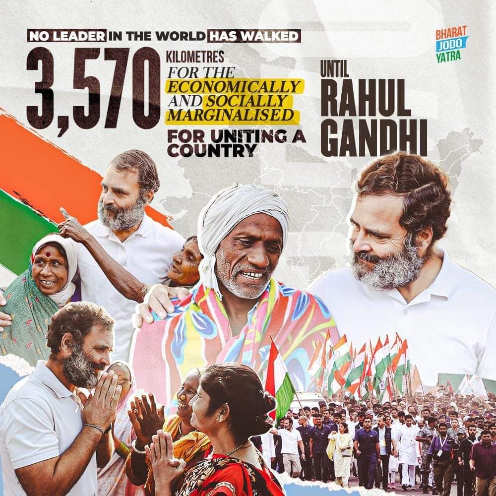 profcongtvm2's tweet photo. No leader in the world has walked 3,570 kilometres, for the economically and socially marginalised, for uniting a country!

#BharatJodoYatra  #RahulGandhi https://t.co/xiNJoFIIEb