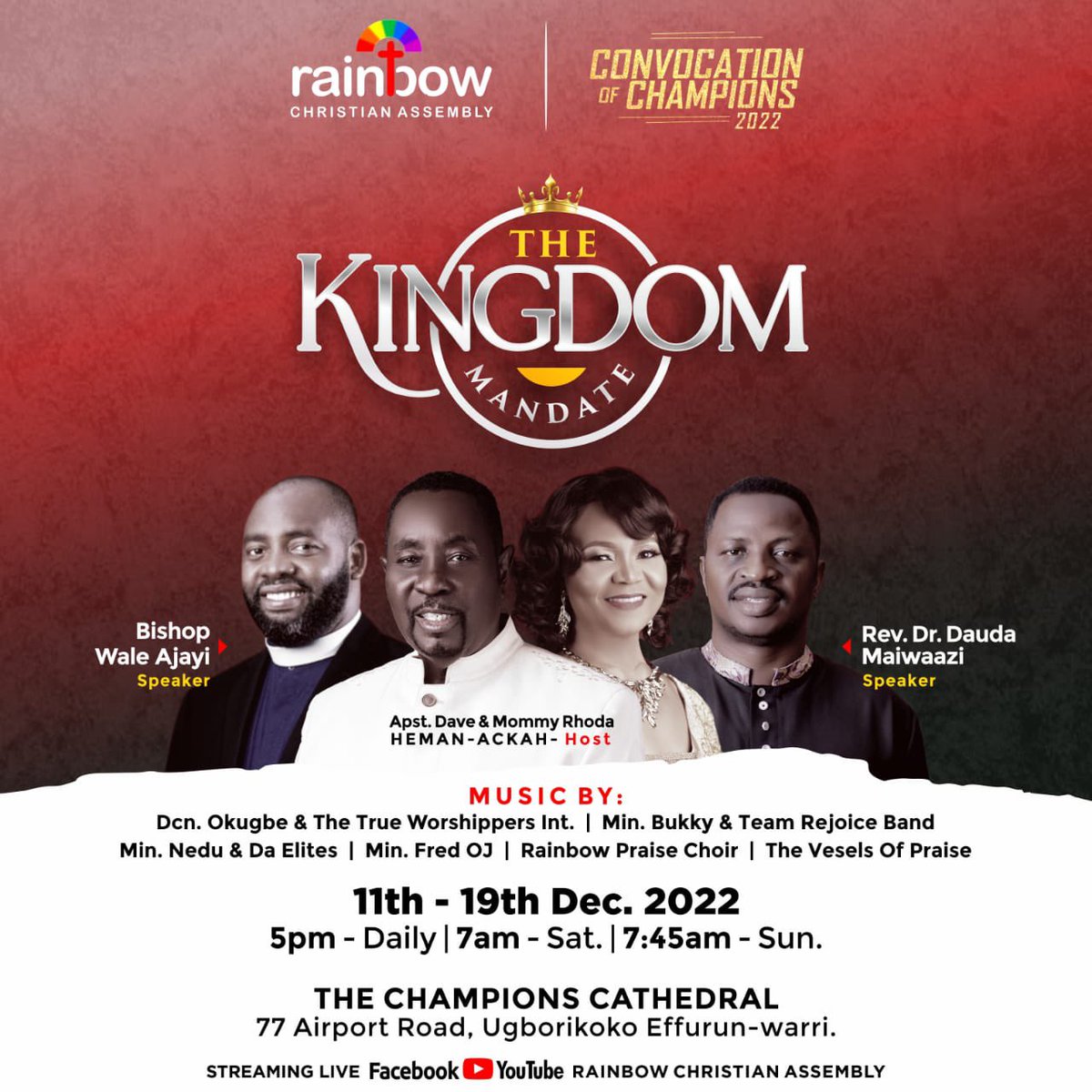 rcanigeria's tweet photo. Hey Champ! We are so excited to announce to you that Convocation Of Champions starts this weekend.💃🏻🕺🏽

If you want to get ahead in any area of your life, then this conference is specifically designed for you and it is aptly themed “The Kingdom Mandate”

Do not miss it

#COC2022 https://t.co/Cu7C2BmMW6