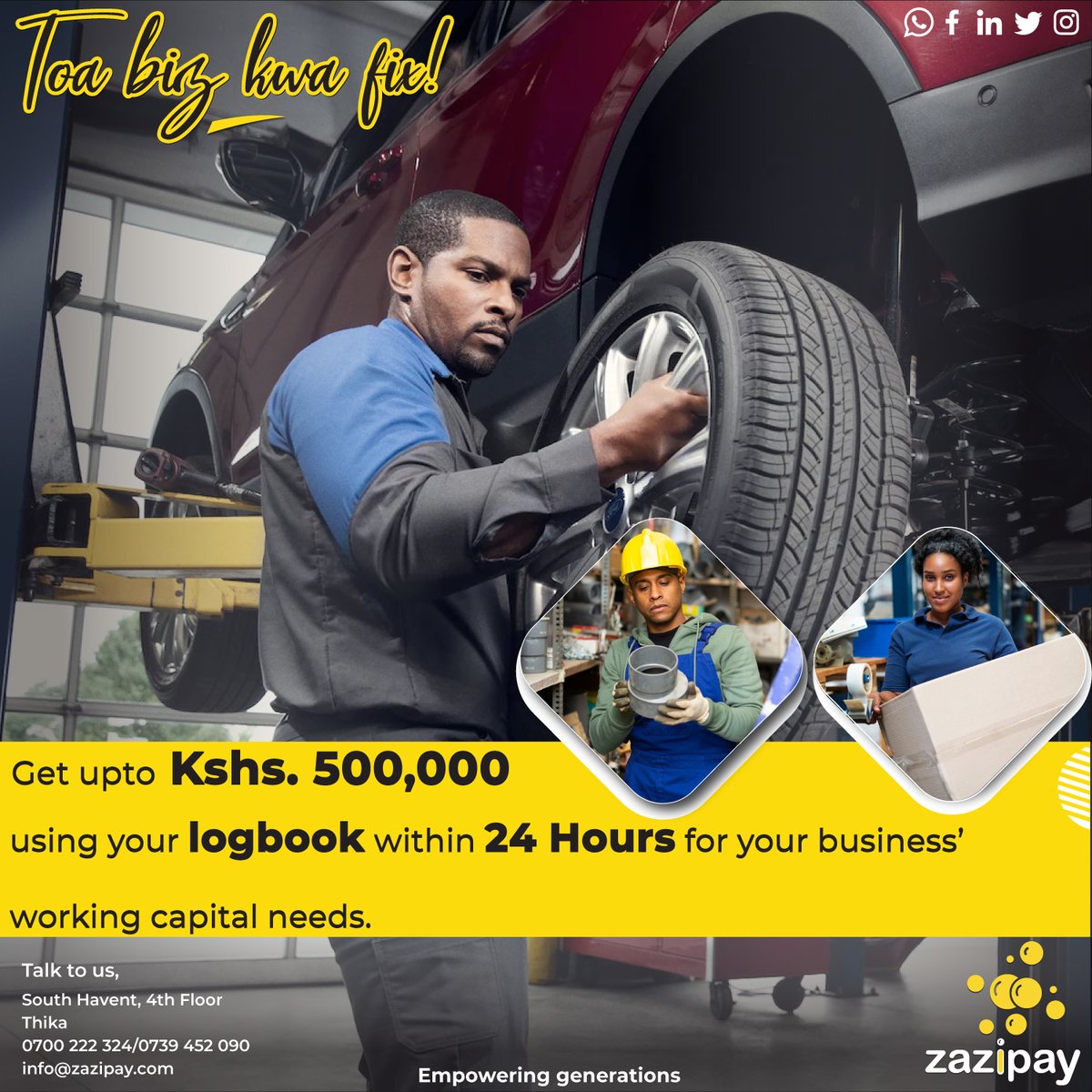 zazipay_'s tweet photo. Boost your business today!
Get upto Kshs. 500,000 using your motor vehicle logbook.
#loans 
#empoweringgenerations https://t.co/DMRDXJOHVT