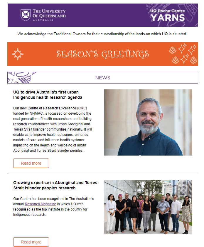 UQPoche's tweet photo. Our December Update is out now! Read our UQ Poche Centre Yarns here 👉🏾 https://t.co/7uwcCM1oo0
Stay up to date on all our latest news by subscribing here 🖱️ https://t.co/ZfPj7qeaWd
#PocheYarns #IndigenousHealth https://t.co/l3VqWGfYHg