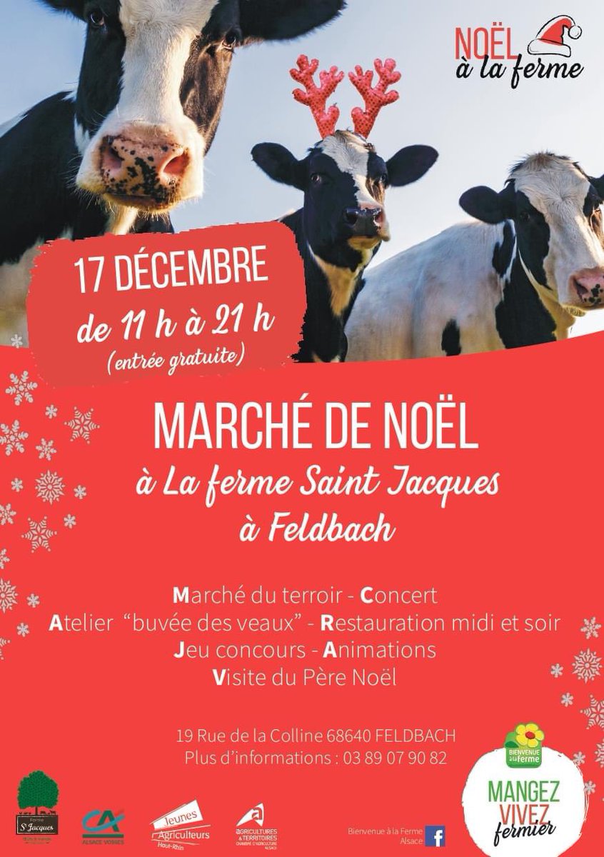 Marché de Noël 🎄 à la #Ferme  samedi 17 décembre de 11h   à 21h . #Producteurs locaux Bienvenue à la Ferme , #artisanatlocal , visite de la ferme , traite des vaches à 16h30 🐮. Passage du Père Noël 🎅 , concert 🎶 des cuivres de la batterie fanfare de Riespach . #FrAgTw #Alsace