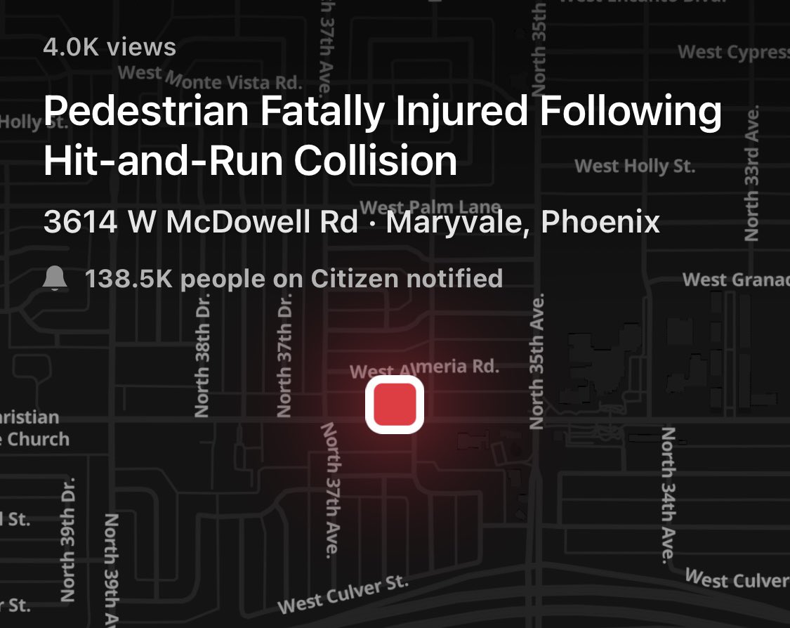 Another life lost on our #DangerousByDesign @CityofPhoenixAZ streets. Have been seeing an awful lot of hit-and-runs… #VisionZeroPHX #trafficviolence #CompleteStreetsNOW