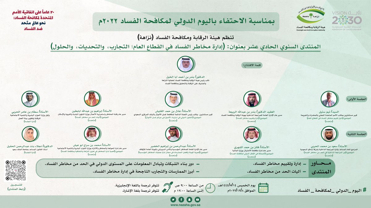 nazaha_gov_sa's tweet photo. بمشاركة عدد من الجهات الحكومية والقطاع الخاص، تنظم #هيئة_الرقابة_ومكافحة_الفساد المنتدى السنوي الحادي عشر بعنوان "إدارة مخاطر الفساد في القطاع العام؛ التجارب، والتحديات، والحلول" احتفاءً بـ #اليوم_الدولي_لمكافحة_الفساد يوم الخميس 1444/5/14هـ.

للمشاركة:
https://t.co/RIaLq6kgxy https://t.co/bMgRxr4r5Y