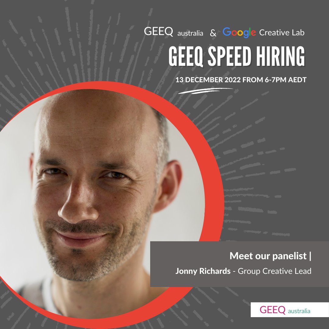 Meet Jonny Richards, Group Creative Lead at Google Creative Lab 👋. We have teamed up with Google Creative Lab for our next GEEQ Speed Hiring to introduce them, their culture and their open contract roles to you.

Secure your spot now 👉👉👉 bit.ly/3ATlYgh