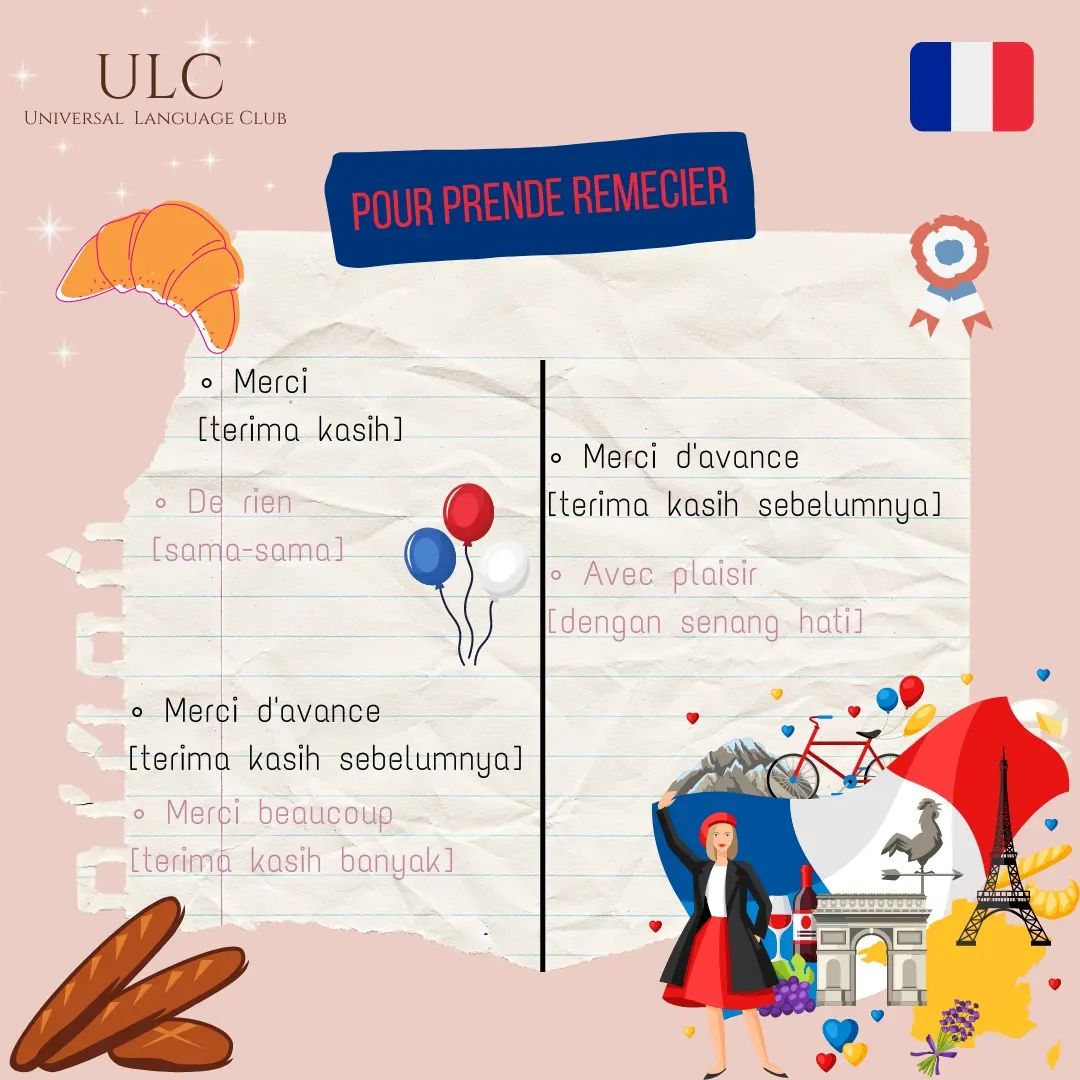 ULC_Indonesia's tweet photo. Hello, everyone! 🙋♀️🙋♂️
It's time for us to learn French 🤩
Bagaimana mengucapkan kata terima kasih dan maaf dalam bahasa Perancis? Untuk lebih detailnya geser ke slide selanjutnya ya! 😉
#ulc #universallanguageulc #ayobelajarbahasa #letsstudy #French https://t.co/RUzxYc46Rc