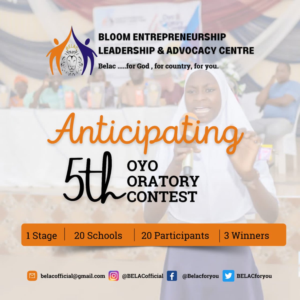 BELACforyou's tweet photo. 📌1 stage 📌20 schools 📌20 participants 📌3 winner

Anticipate BELAC's 5th Oratory Contest. It's going to be expository, educational and exciting.

BELAC... For God, For Country, For You. https://t.co/UgPCTSLc6p