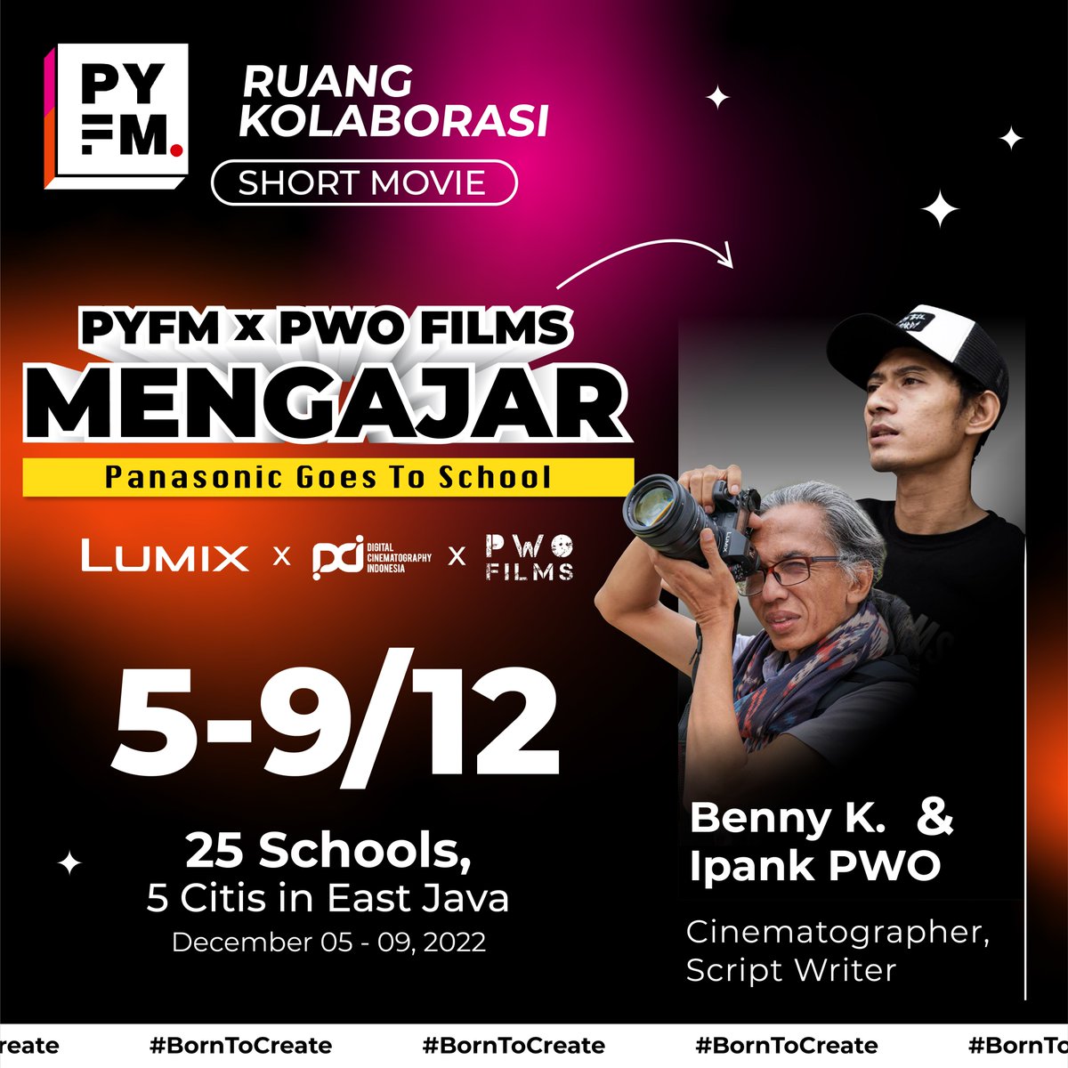 IDPanasonic's tweet image. #PYFM2022 bersama @digitalcinematographyid dan @pwo.films mempersembahkan #PanasonicGoestoSchool Short Movie Worksho: PYFM X PWO Films Mengajar.

Tunggu kehadiran Workshop PYFM 2022 di Kotamu!

#PYFM2022 #BORNTOCREATE #PANASONICYOUNGFILMMAKER #KOLABORASITANPABATAS #LUMIXINDONESIA