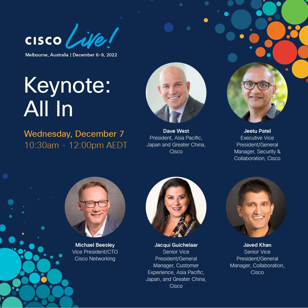 Pratish Menon (@pratish_cisco) on Twitter photo Join <a href="/JacquiGF12/">Jacqueline Guichelaar</a> on Dec 7th at 10:30 AM AEST for the #CiscoLiveAPJC keynote to learn how Cisco CX is here to help your business drive change and leave a lasting impact for generations to come.
Register now to get your front-row seats: cs.co/60193BP4B Join <a href="/JacquiGF12/">Jacqueline Guichelaar</a> on Dec 7th at 10:30 AM AEST for the #CiscoLiveAPJC keynote to learn how Cisco CX is here to help your business drive change and leave a lasting impact for generations to come.
Register now to get your front-row seats: cs.co/60193BP4B