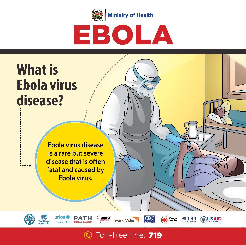 Ebola Virus Disease is a rare but severe disease that is often fatal and is caused by Ebola virus. For more information call: 0729471414 or 0732353535 or 719  #Ebolavirusdisease #EVDawareness #TujikingenaEbola