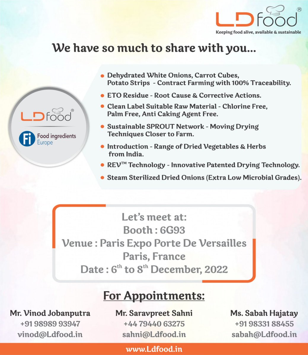 lalsaiglobal's tweet photo. Lalsai Dehy Foods (LD food) invites you to meet us at FiHi Europe 2022.

Booth No. 6.G93

Venue : Paris Expo Porte De Vesailles Paris, France

Date : 06th - 08th December 2022

Register now : https://t.co/LFMe2Lr23C 

#Europe #paris #exhibition #expo #food #business https://t.co/I05Wxp9wzR