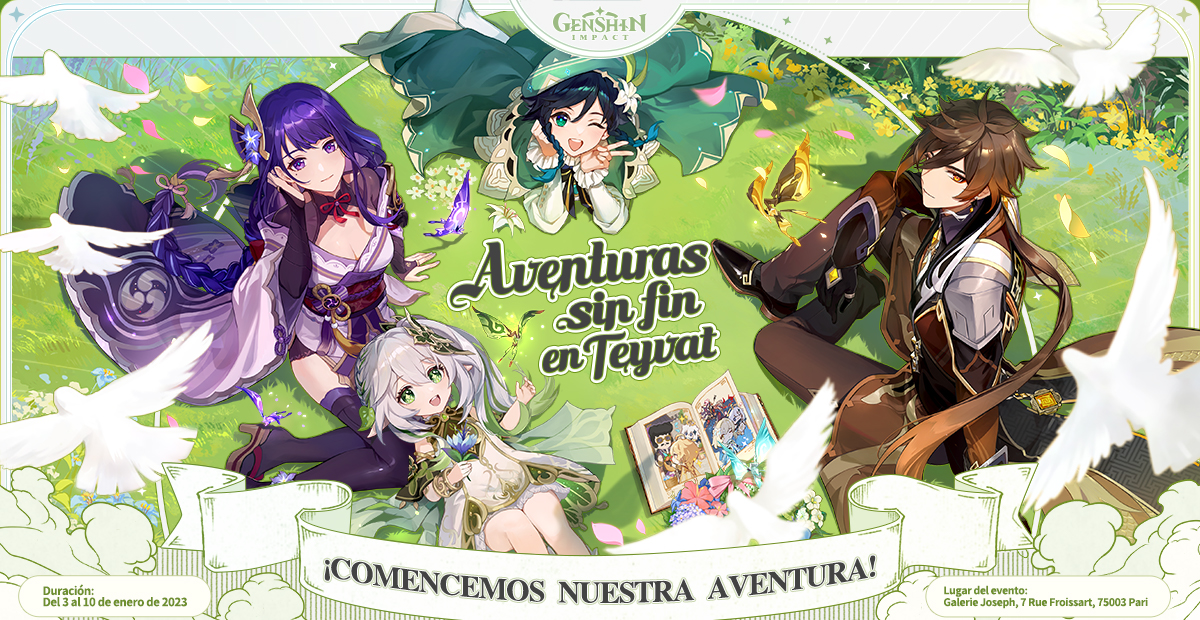 genshinimpactes's tweet photo. Queridos/as viajeros/as:

La exposición temática de Genshin Impact, "Aventuras sin fin en Teyvat", llegará a París (Francia), el 3 de enero de 2023.

Esta es la primera vez que Genshin Impact se presenta en forma de exposición de arte. 

#AventureSansFinEnTeyvat https://t.co/15Rd2JNVTR