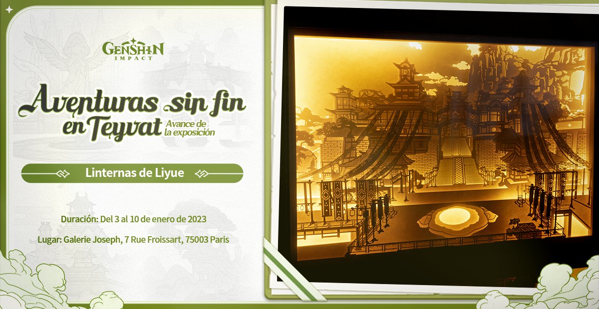 genshinimpactes's tweet photo. Queridos/as viajeros/as:

La exposición temática de Genshin Impact, "Aventuras sin fin en Teyvat", llegará a París (Francia), el 3 de enero de 2023.

Esta es la primera vez que Genshin Impact se presenta en forma de exposición de arte. 

#AventureSansFinEnTeyvat https://t.co/15Rd2JNVTR