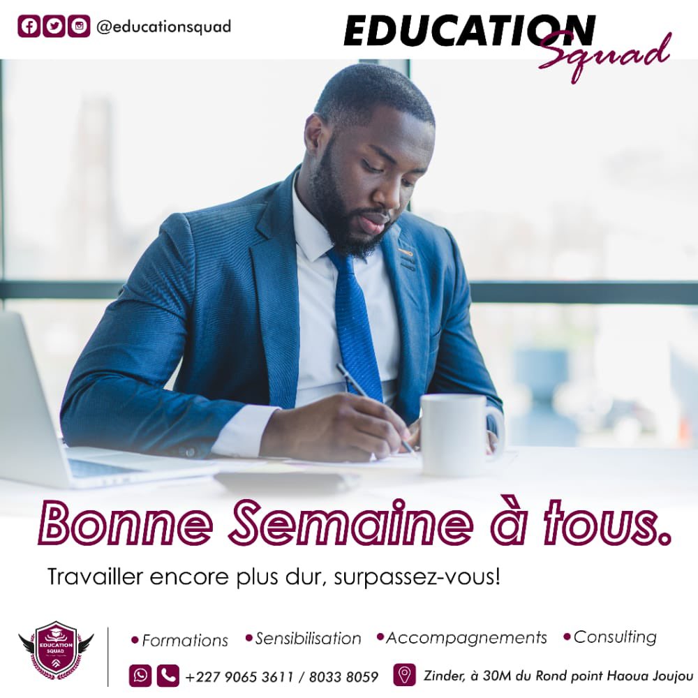 Donnez tout ce que vous avez ✊
Surpasser vous !

🔻🔻
🔻🔻

Education Squad Format Concept  branche du Cabinet Format-Concept  avec pour seul but de favoriser et de contribuer au développement de compétences au sein de la communauté, vous souhaite de passer une bonne semaine.