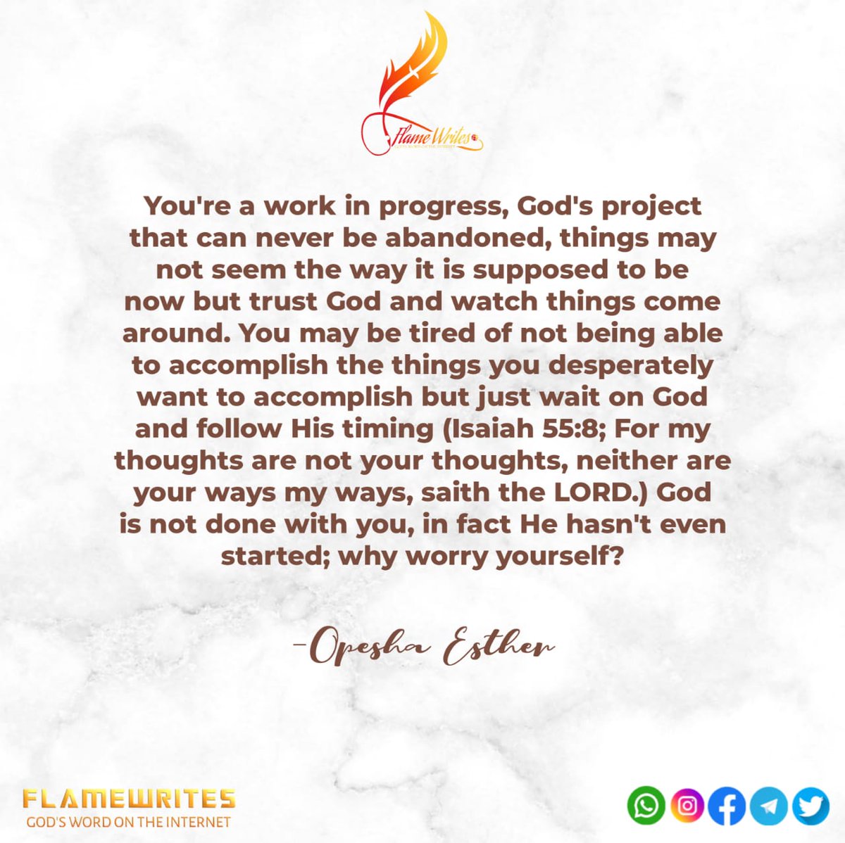 flamewritesorg's tweet photo. God is for you, ONLY YOU can be against you (Romans 8:31). So just cooperate with God comfortably, give your entirety to Jesus and follow the leading of the Holy Spirit.

The Rock | It is POssible | James Brown

 #Flamewrites
#TrustGod 
#mondaythoughts https://t.co/TOkuLtGVHA