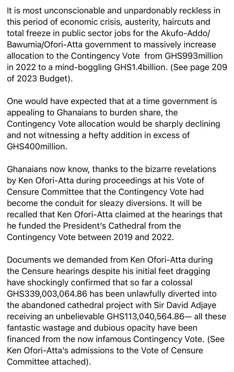 S_OkudzetoAblak's tweet photo. The incorrigible Akufo-Addo/Bawumia/Ofori-Atta govt has shockingly increased allocation into its Contingency Vote from GHS993million in 2022 to a mind-boggling GHS1.4billion in the 2023 Budget.

2021 allocation was comparatively low at just GHS186.2million.

We shall resist this! https://t.co/FpiAe70dyn