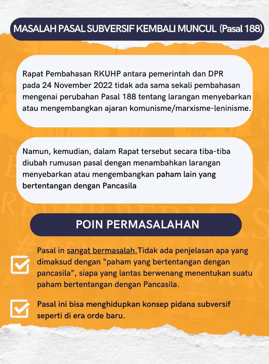 Untuk kamu nih yang masih bertanya-tanya apa sih permasalahan yang ada di RKUHP. Yuk sebentar saja meluangkan waktumu untuk melihat point-point ini. Jangan sampai terlambat untuk tahu karena kita #SemuaBisaKena dan bisa banget #TibaTibaDIPENJARA karena di draft terbaru RKUHP.