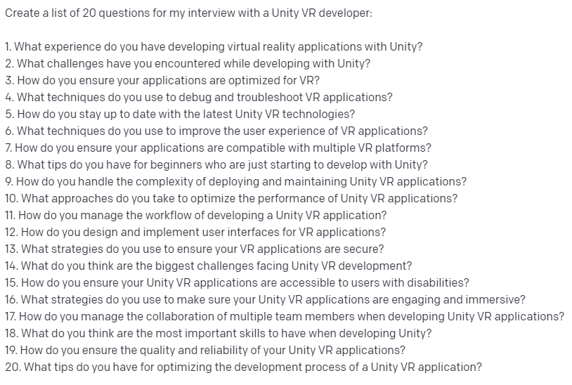 EcceGD's tweet photo. Okay, interview prep time with  @OpenAI generated interview questions for a no particular Unity VR developer role😄 https://t.co/r6XrrvodgH