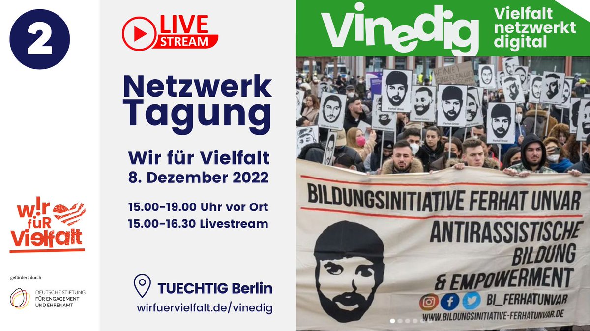 WirfuerVielfalt's tweet photo. 3⃣mal werden wir noch wach, heissa dann ist...
unsere #ViNeDig-NetzwerkTagung im @TUECHTIG_Berlin bzw. #Livestream.
Mit 7 pitches zu den 7 #VielfaltsDimensionen, u.a. mit
@BI_FerhatUnvar, ideasprint mit allen TN, tollen showacts,...
Gefördert v. @D_S_E_E am #TagDerBildung! https://t.co/XtsOn9eemi