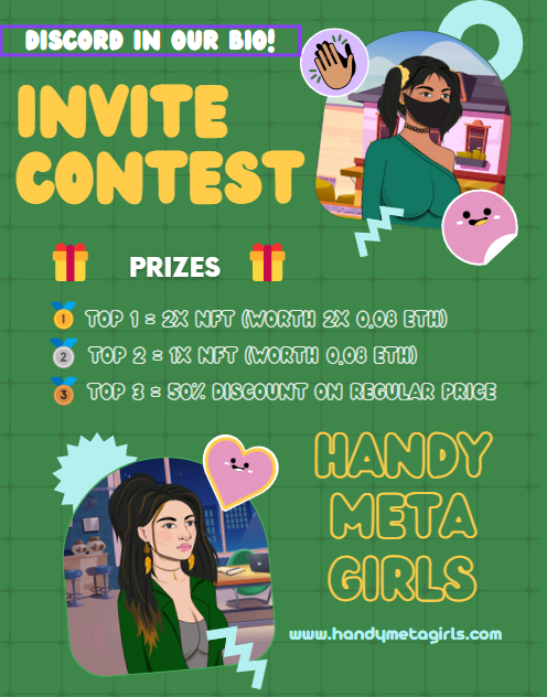 HandyMetaGirls's tweet image. INVITE CONTEST

Join in our ongoing invite contest happening in our Discord and get a chance to win 3 NFTs with a prize pool of 0.24 ETH🎉

discord.gg/E222ymXmZe

Invite your friends and family now! #NFT #NFTCommunity #NFTGiveaway #ETH