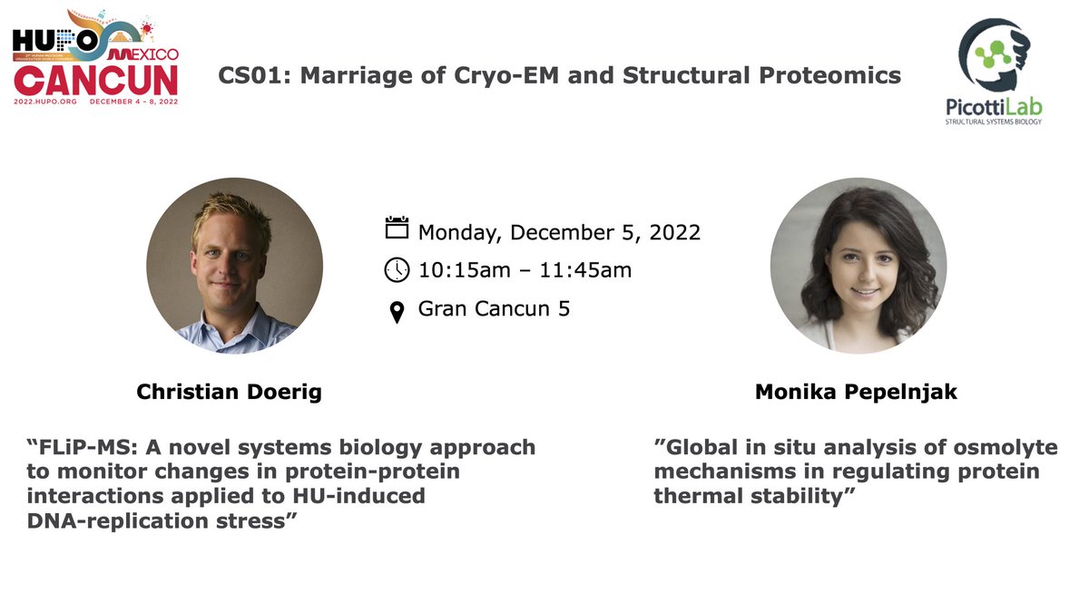 Picotti_Lab's tweet photo. Our two PhD students who graduated this year (@MoniPepelnjak and Christian) will present their PhD work at #HUPO2022 during the CS01 session, today at 10:15am in Gran Cancun 5. Hope to see many of you there!
#LiPMS #TeamMassSpec #proteomics https://t.co/0Qt2jRvloE