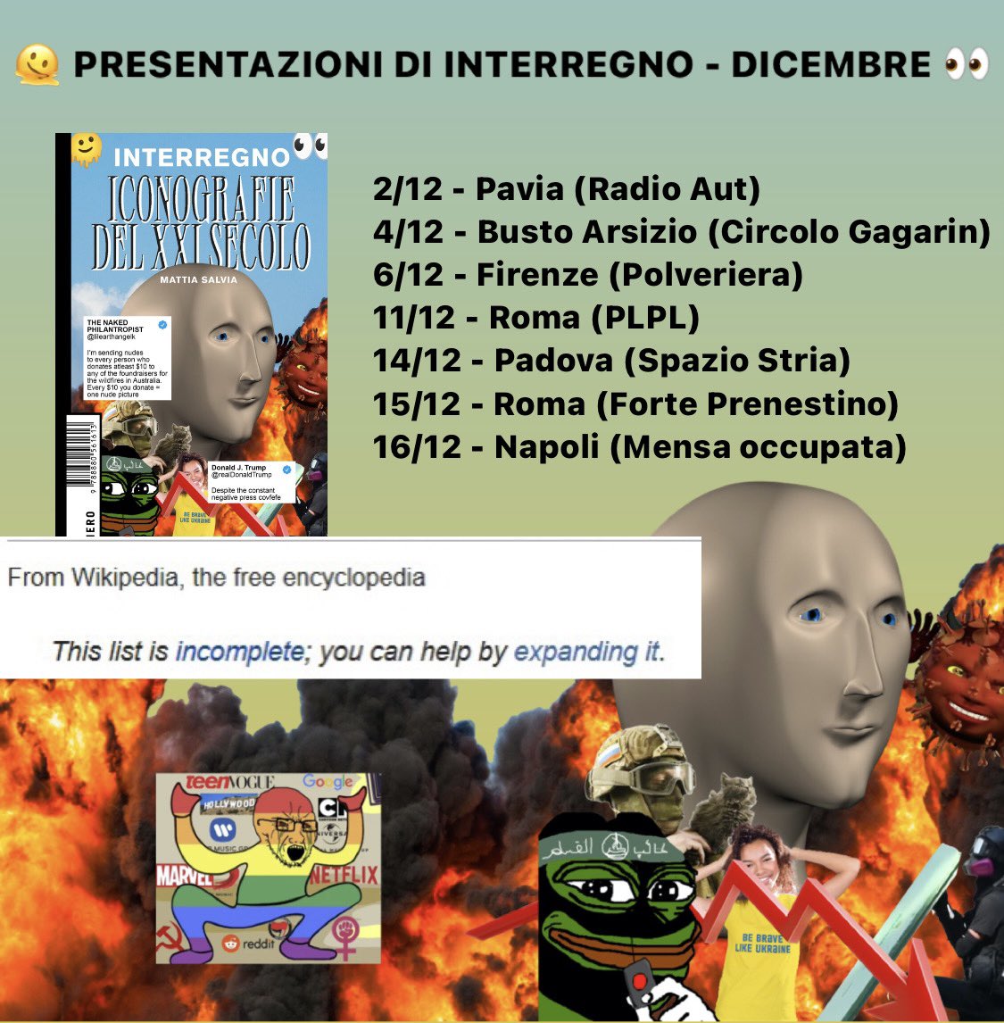 E qui un po’ di date di “Interregno” a dicembre:

6/12 Firenze
11/12 Roma
14/12 Padova
15/12 Roma
16/12 Napoli