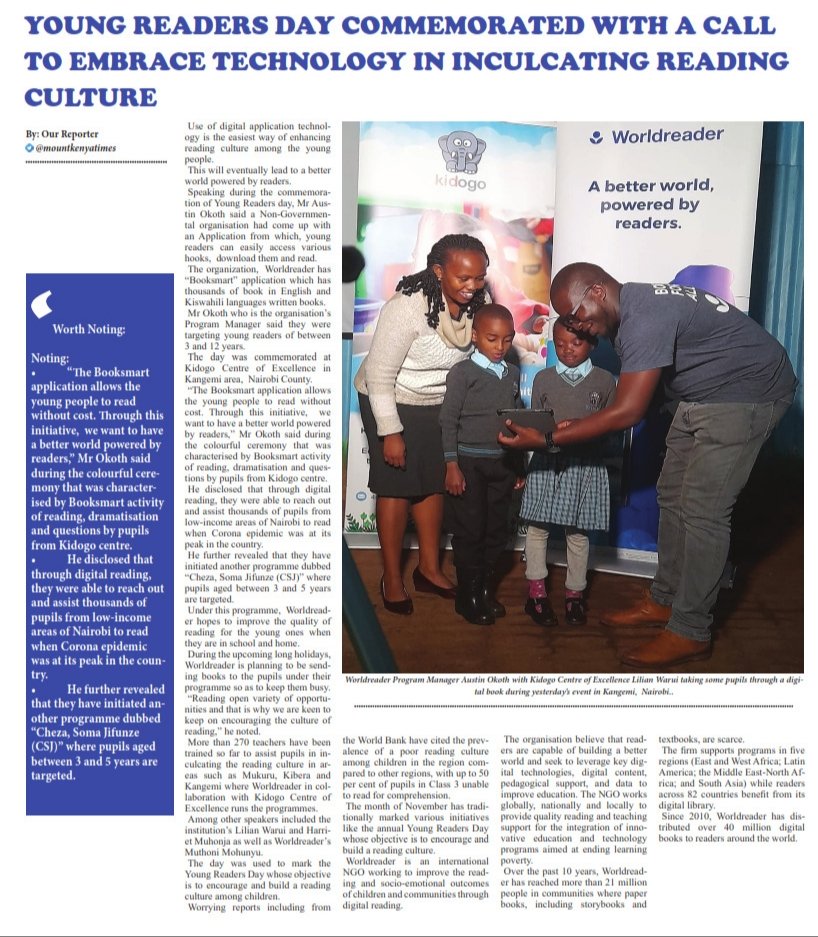 Worldreader encourages and promotes  reading at home with school-based support. 
Worldreader's Programs Manager highlighted this on an interview with <a href="/mtkenyatimes/">Mt Kenya Times</a> at Kidogo Centre of Excellence, Kangemi.
Read the article via: mountkenyatimes.co.ke/young-readers-…

<a href="/Aust_Okoth/">Aus_toh</a> 
#readingculture