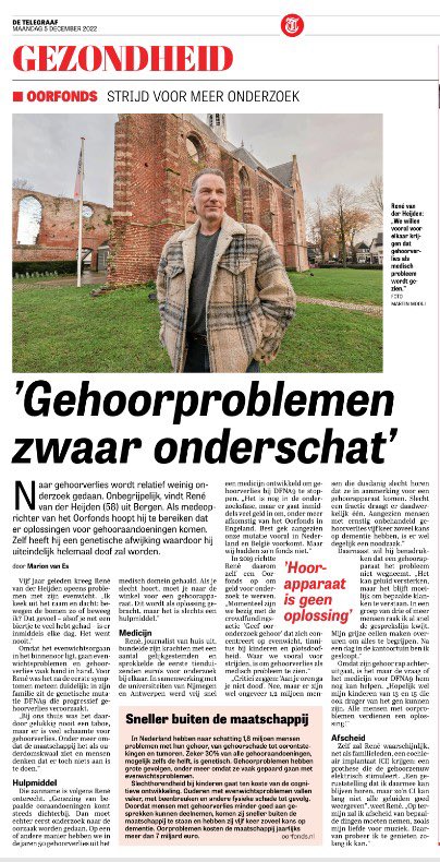 Vandaag in de Telegraaf. Gehoorproblemen zwaar onderschat!
Lees het artikel op onze website. Daar mag je meteen doneren aan onze crowdfunding campagne ‘geef ooronderzoek gehoor’
#geefooronderzoekgehoor #oorfonds #plotsdoofheid #tinnitus #evenwicht #horen