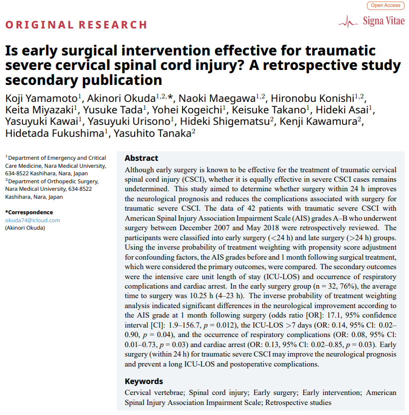MRE_signavitae's tweet photo. 【Article Title】“Is early surgical intervention effective for traumatic severe cervical spinal cord injury? A retrospective study secondary publication”
【Click】https://t.co/GOtdgf9Sdz
#Earlysurgery; #Respiratorycause;#Cervicalvertebrae; https://t.co/AXIACQgfJo