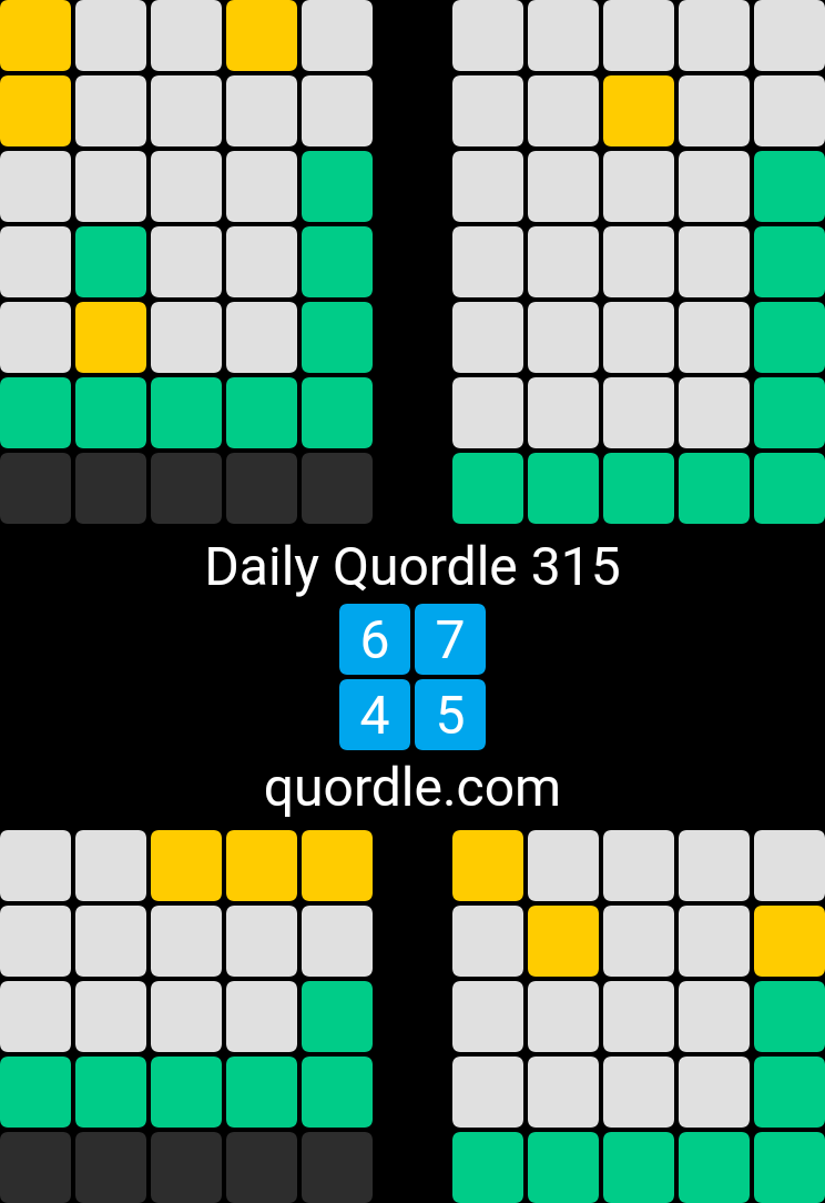 Daily Quordle 315
6️⃣7️⃣
4️⃣5️⃣
quordle.com