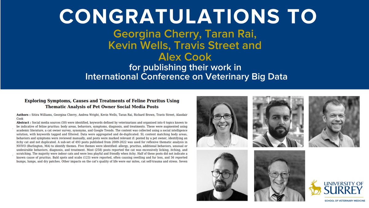 SurreyVet's tweet photo. Congratulations #GeorginaCherry #TaranRai #KevinWells #TravisStreet #AlexCook @vhiveAH for publishing their work in International Conference on Veterinary Big Data.
More about vHive | https://t.co/AXq8rTv6S2
@UniOfSurrey https://t.co/2eO92ey9mq