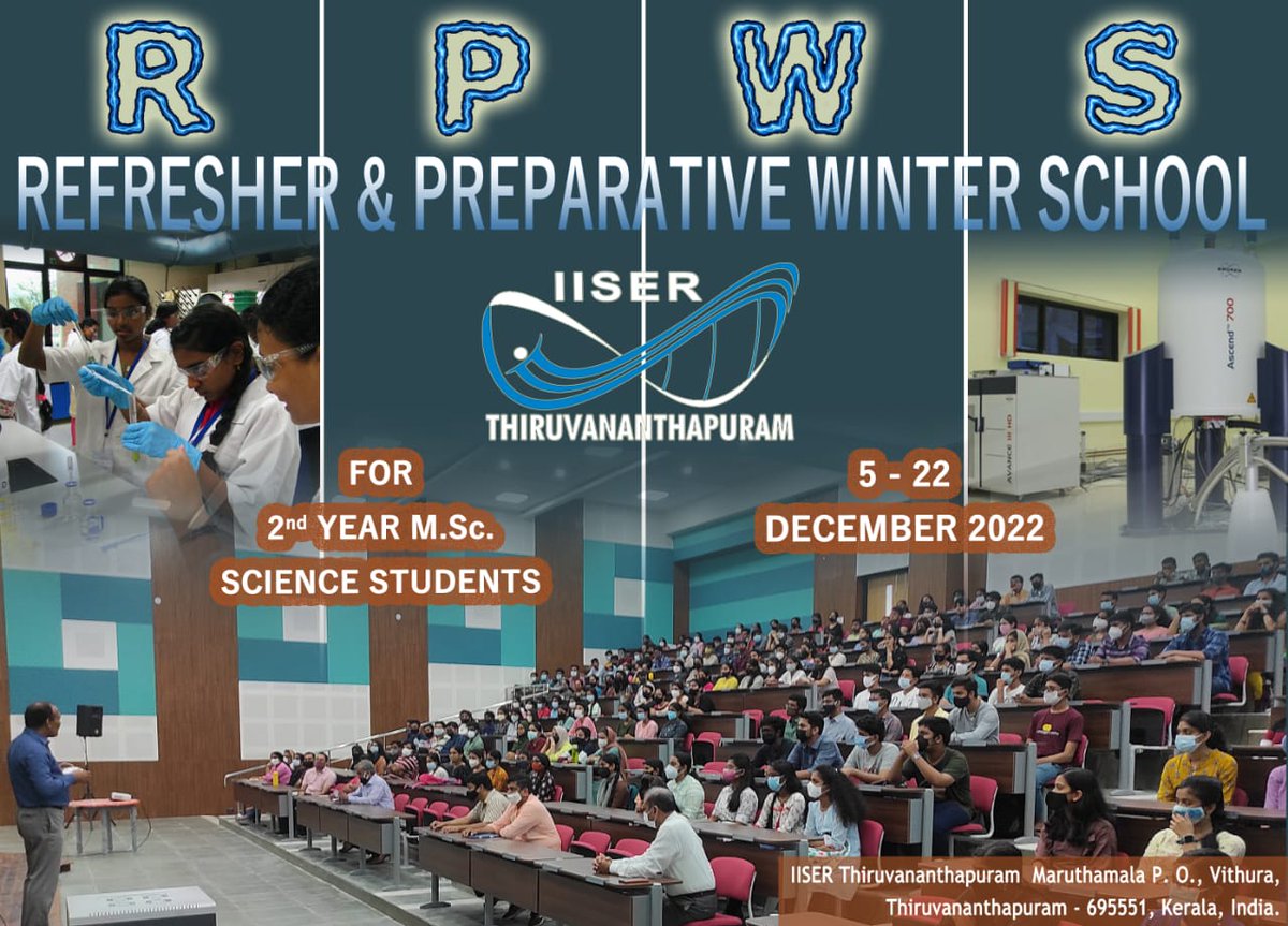 tvmiiser's tweet photo. Refresher and Preparative Winter School (RPWS) begins today with 180 https://t.co/IEcSG2xvV1. students from all over the country!!!
With excellent line of teachers, the participants are poised for a great excitement over the next 18 days at IISER Thiruvananthapuram.
@tvmiiser https://t.co/70Gz4UZzRm