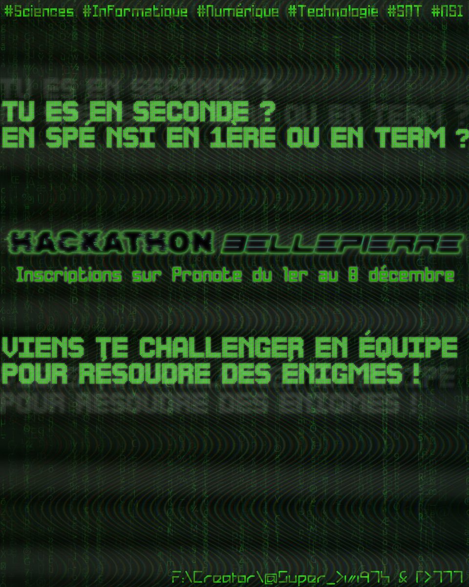 DefayNicolas's tweet photo. 📢Un événement qui vise à promouvoir les sciences informatiques dans l'@AcLaReunion 
Environ 30 élèves du lycée Bellepierre vont concourir en équipes ! Récompenses à la clé ;)
#snt #nsi #informatique #hackathon #ctf 
https://t.co/ZNM1VcglIc https://t.co/zw8t9Ya6y1