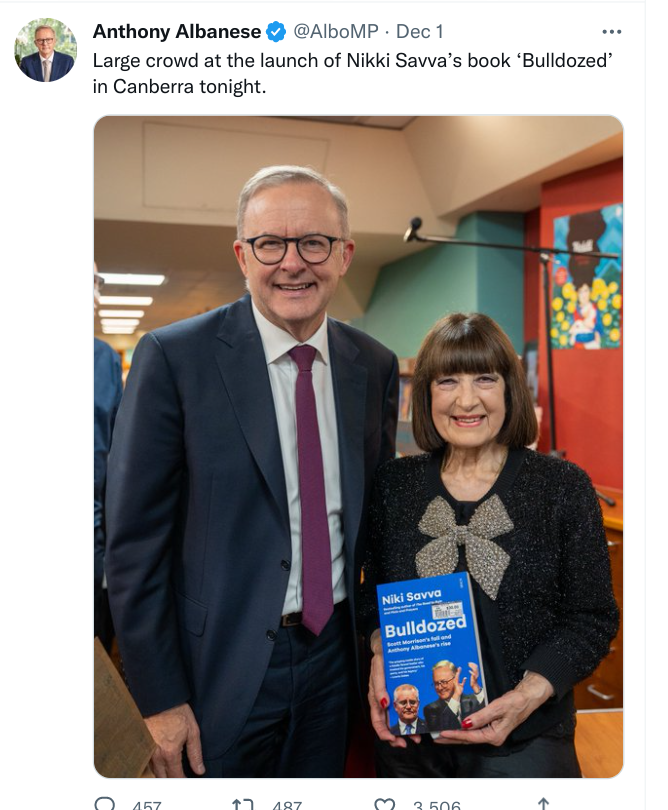 YourNewReality_'s tweet image. Australia&apos;s PM Albanese&apos;s mask-free meetings in 72 hours before testing positive for COVID-19, yet again. 

Journalist Niki Savva&apos;s book launch in Canberra Dec 1 the likely superspreader event of outbreak amongst politicians, journalists, National Press Club staff #Pandemic2022