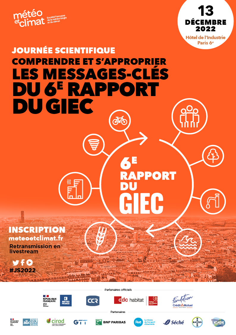 MeteoClimat's tweet image. 📌Journée Scientifique “Comprendre et s’approprier les messages-clés du 6e rapport du #GIEC”.
🗓️ 13 décembre 2022
📍 Format hybride
👉 Programme bit.ly/3BOqXQo

#JS2022 #Adaptation #Atténuation #Communication