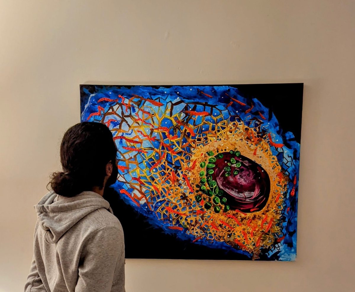 What does a scientist do whilst stuck at home with COVID? Well apart from sleep, feel like crap and watch everyone’s #CellBio2022 tweets? 

Make art of course. Here is my latest piece!

 A single cell with organelles, painted with acrylic (32x42inch canvas) based on my own data.