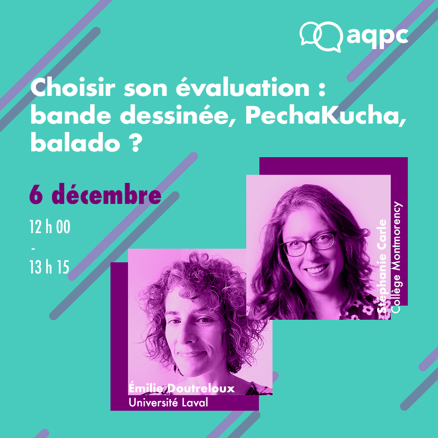 |💻Webinaire : 6 décembre|
Découvrir une stratégie d’évaluation des travaux où ce sont les apprenants qui choisissent le format de remise des travaux. 
<a href="/CMontmo/">Collège Montmorency</a> <a href="/universitelaval/">Université Laval</a> 
👉aqpc.qc.ca/fr/en-cours