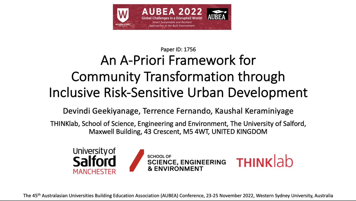 Congratulations to Devindi Geekiyanage + our team with their @westernsydneyu #AUBEA2022 conference paper on multidimensional frameworks built on #communitychange + #socialtransformation 👏 
#equitable #risksensitive #urbandevelopment
Read more👉 lnkd.in/ehyGphmM