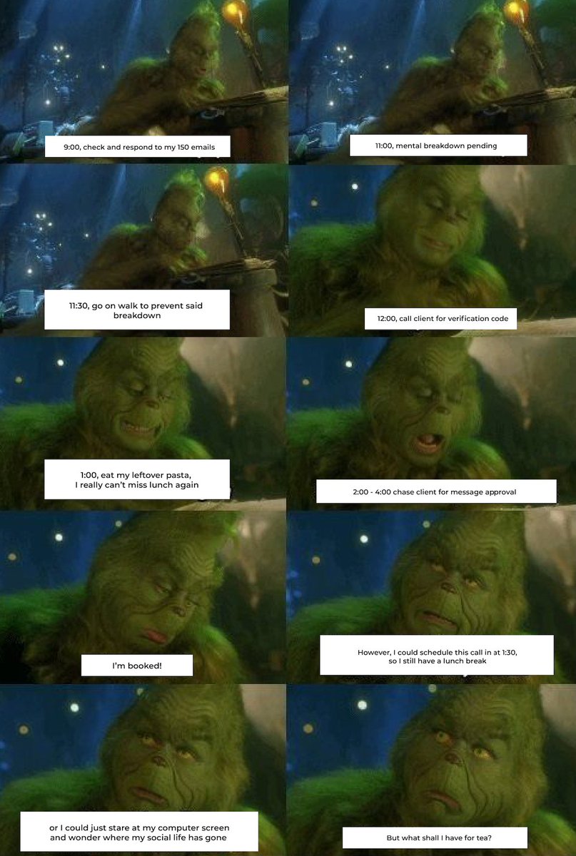 straightin_hq's tweet photo. Our Account Execs daily schedule during the Christmas period 🎄
#linkedin #accountexecutives #christmas #busyprofessionals #thegrinch https://t.co/qonyoVNNDj