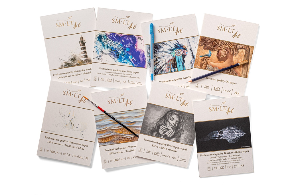 SMLTArt's tweet photo. NEW! All PRO Line glued pads are available in A5 size now!
◾️ 100% cotton Watercolor pad (300 gsm)
◾️ 100% cotton Watercolor pad (400 gsm)
◾️ Torchon Watercolor pad 
◾️ Bristol pad
◾️ Oil pad
◾️ Acrylic pad
◾️ Super Yupo pad
◾️ Black synthetic paper pad

#smltart_product #smltart https://t.co/FG4KkcgBLv