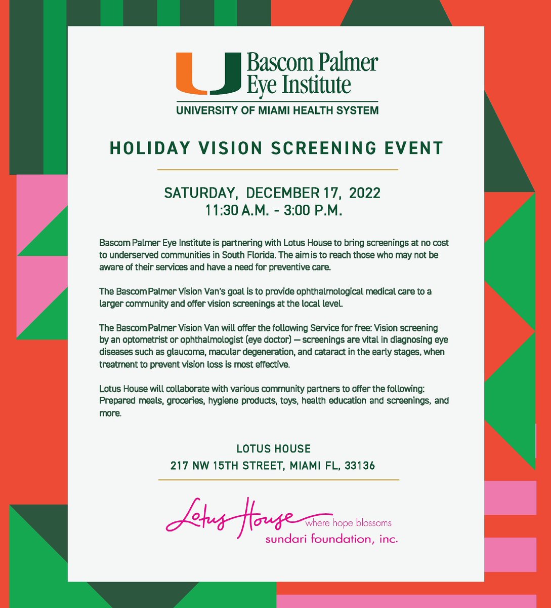 BascomPalmerEye's tweet photo. Bascom Palmer Eye Institute is partnering with Lotus House to provide a Holiday Vision Screening event on Saturday, December 17th, from 11:30 am to 3:00 pm at no cost to underserved communities in South Florida. #bascompalmer #visionvan https://t.co/Arqq8KxCGE