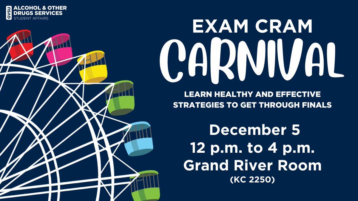 gvsuaod's tweet photo. Stop by the Exam Cram Carnival for games, trivia, crafts, free pizza, prizes, mocktails, desserts, and more! We can't wait to see you there! ๐ช๐กโ
#GVSU #GVLakers #GVExamCram #GVFinalsWeek #GVSUAOD #GVPartySmart https://t.co/C8vkdmB3t3