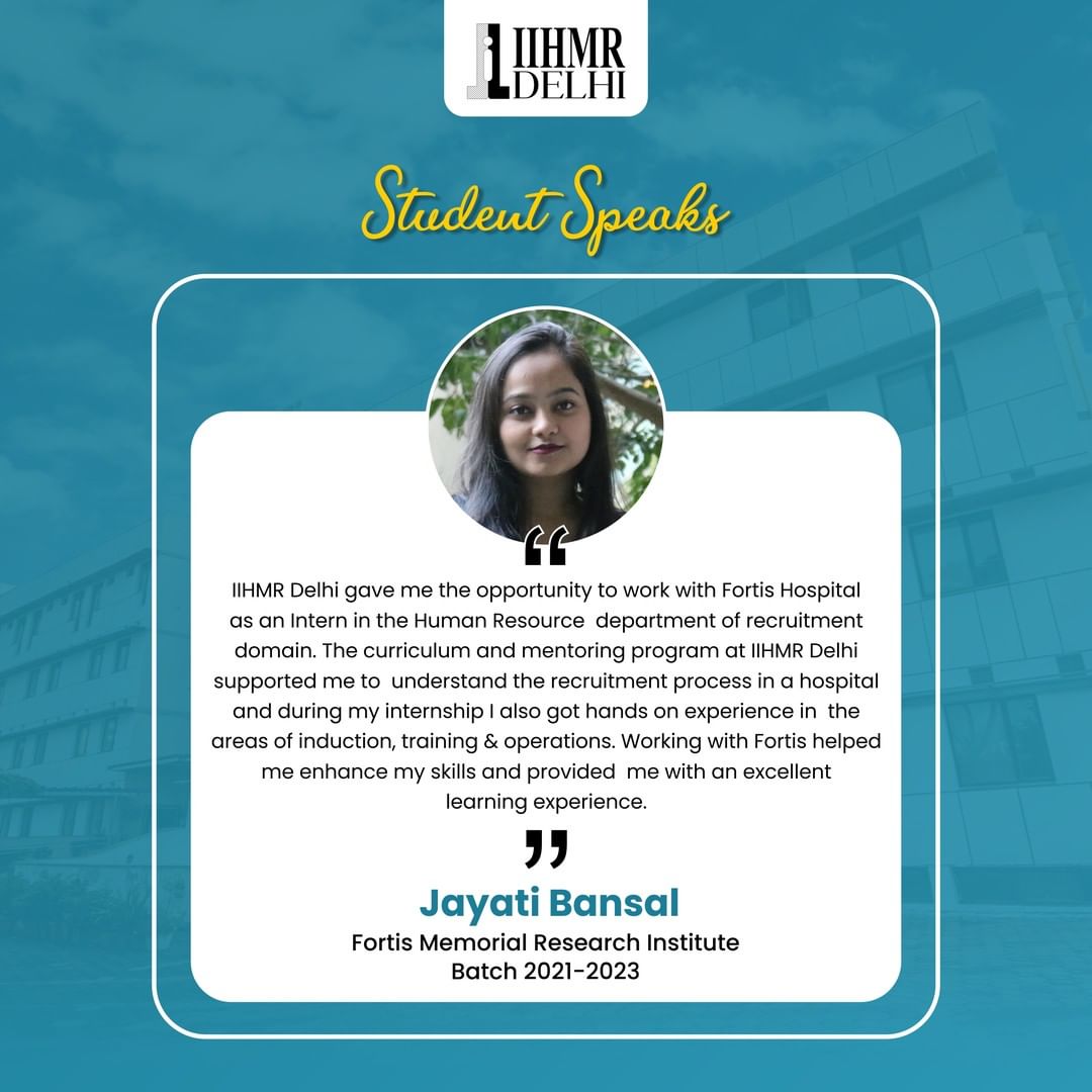 IIHMRDelhi's tweet photo. Our student Jayati Bansal successfully completed her internship with a renowned multinational conglomerate, Fortis Memorial Research Institute.
Learn More:
Website: https://t.co/qdSdxqXF5N
Call: +91-7428895911, +91-7428895912, +91-8448839790
#healthcare #publichealth #healtit https://t.co/4Oq1pgYMui
