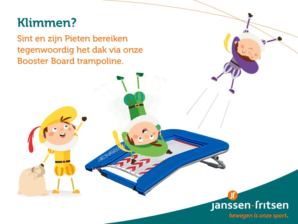 Onze Booster Board trampoline is de perfecte combinatie tussen de klassieke springplank en een minitrampoline. De 42 stalen veren bieden voldoende veerkracht voor de Pieten om op de daken te geraken. Wij wensen iedereen een fijne pakjesavond!