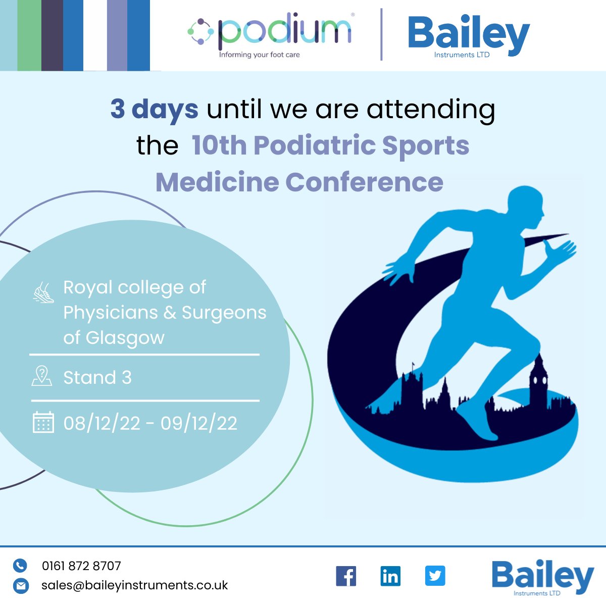 BaileyInstLtd's tweet photo. Just 3 days until Bailey instruments will be at the 10th Podiatric Sports Medicine Conference with the friendly team at @PodiumFootcare 

We hope to see you there! 😁  

#PSMC #Physio #Feetpyshio #baileyinstruments #podiumfootcare #footcare #decemberconference https://t.co/y5h0ZZcHP9