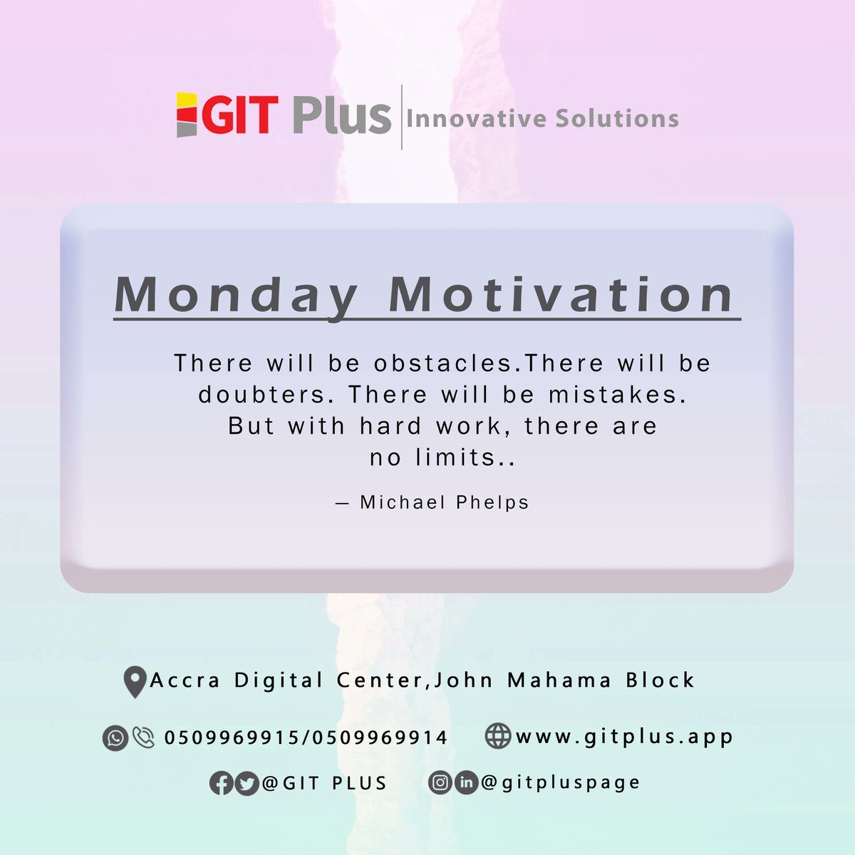 gitpluspage's tweet image. Monday Motivation. There will be obstacles. There will be doubters. There will be mistakes. But with hard work, there are no limits. - Michael Phelps 
Visit us on gitplus.app for more info.
#gitplus
#gitplusacademy
#Mondaymotivation
#monday