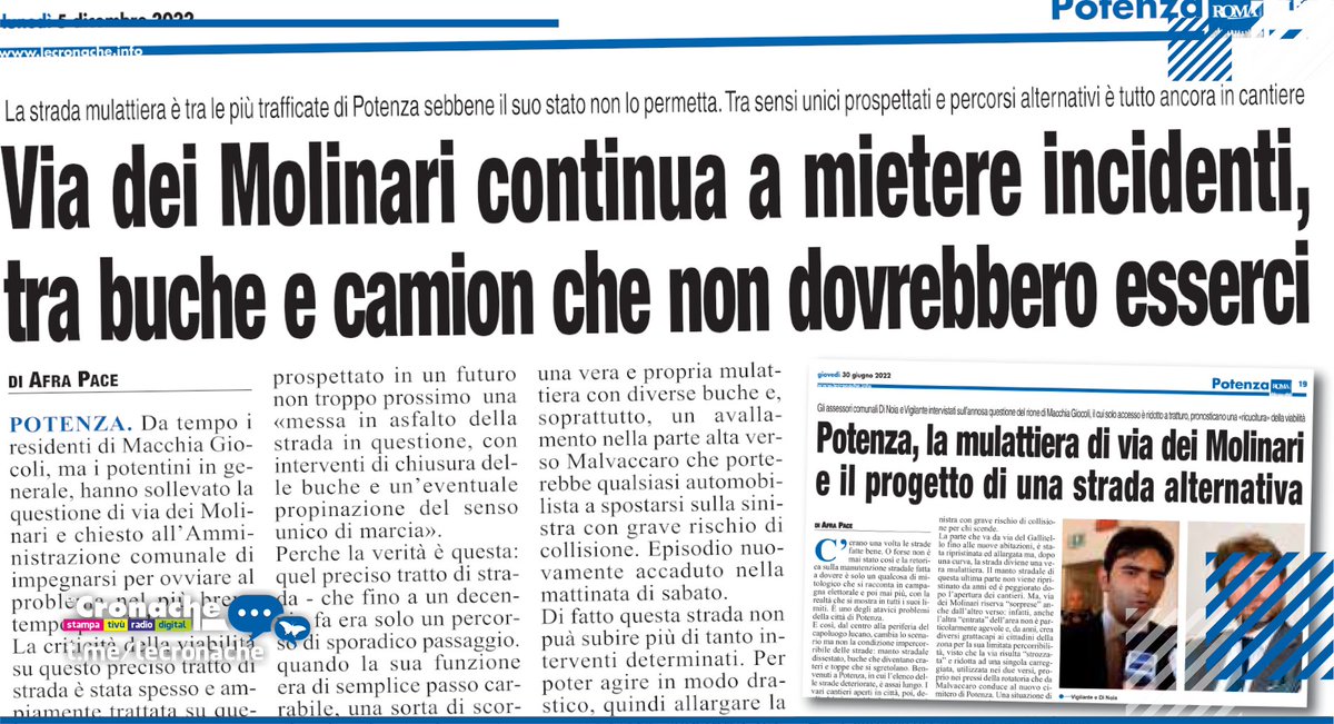 VIA DEI MOLINARI CONTINUA A MIETERE INCIDENTI, TRA BUCHE E CAMION CHE NON DOVREBBERO ESSERCI - La strada mulattiera è tra le più trafficate di Potenza sebbene il suo stato non lo per metta. Tra sensi unici prospettati e percorsi alternativi è tutto ancora in cantiere - ...