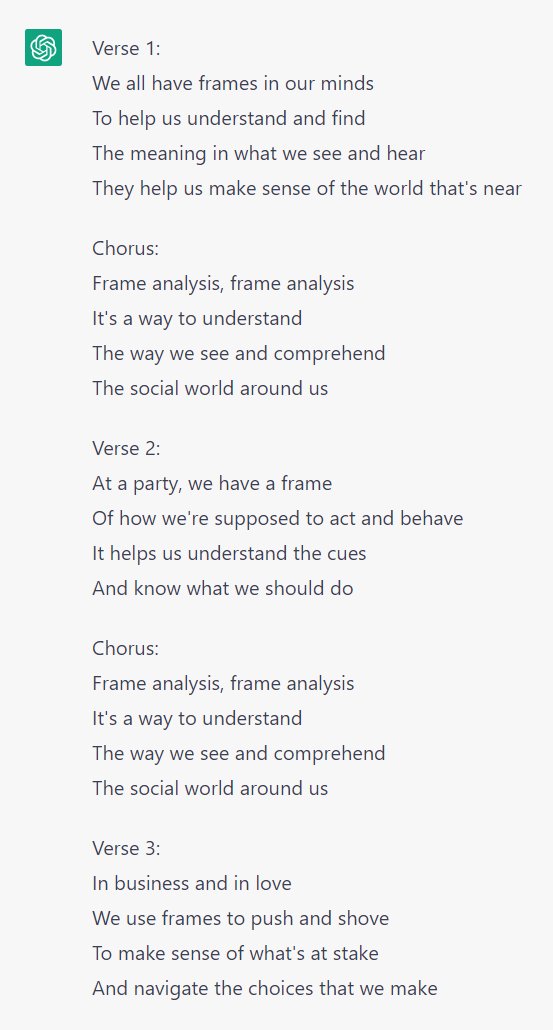 I asked #ChatGPT to write a song about Erving Goffmans #FrameAnalysis , and its hilarious.

#Sociology #phdchat