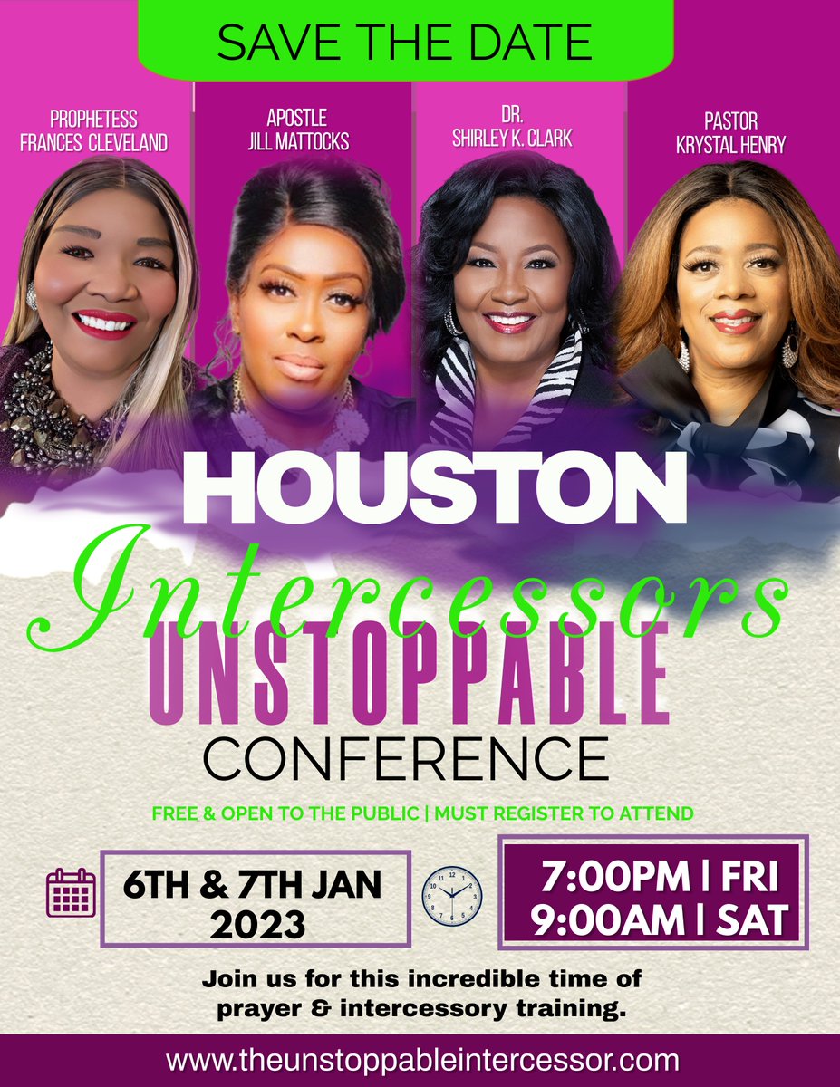 Houston, TX we are coming your way. Calling all intercessors, prayer leaders, prayer strategists, pastors, entrepreneurs and/or business owners, please join me.

Click here to register: theunstoppableintercessor.org
#Unstoppableintercessors #Theunstoppableintercessor