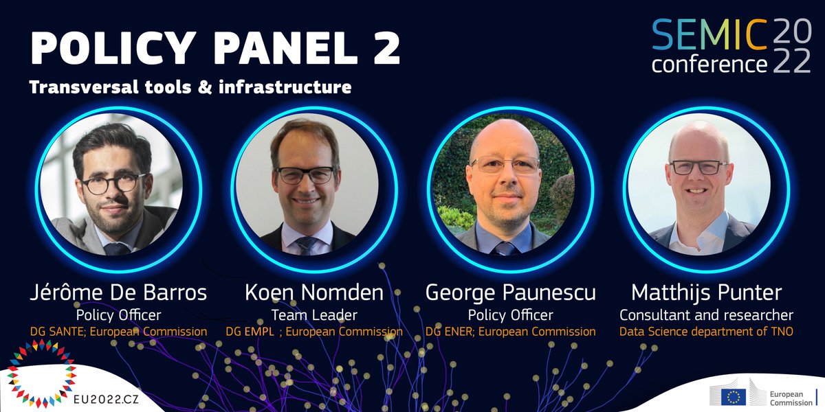 At #SEMIC2022🎇, @JdeBarros28 (@eHealth_EU), #KoenNomden (EU_EMPL), #GeorgePaunescu (@Energy4Europe) & @MatthijsPunter (@TNO_nieuws) will participate in the discussion on transversal tools and infrastructure. Register & follow the debate online on 06/12! 👉🏼semic2022.eu