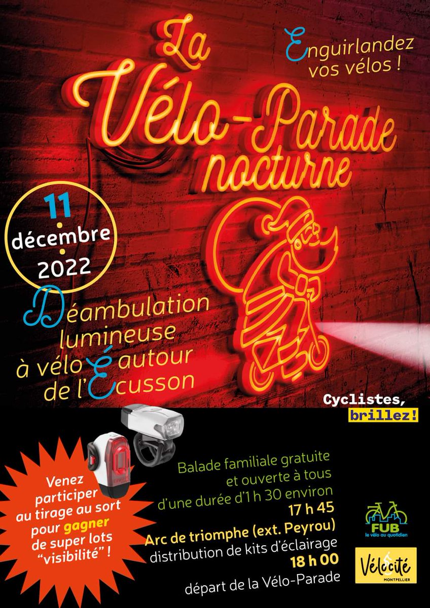 [J-6] #VéloParade Nocturne 🌃 : déambulation lumineuse à vélo !
🚲🚲🔆🎄🎇🎉
👉 Le dimanche 11 Décembre, les vélos éclairent la ville.
En lumière 🎇 et en musique 🎶, venez déambuler entre amis, en famille avec les enfants, autour et au cœur de #Montpellier.
